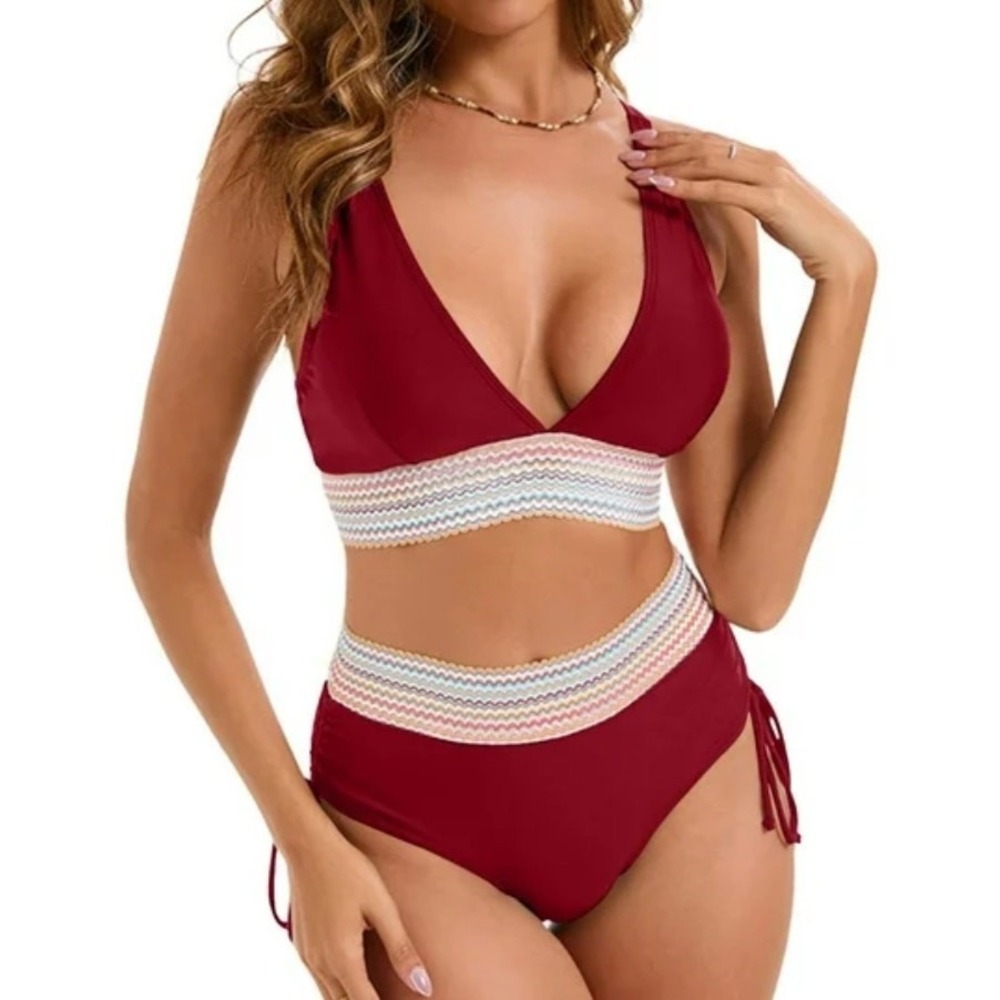 Blooming Jelly High Waisted Red Low Cut Tank Ruched Bikini Swimsuit M Medium New